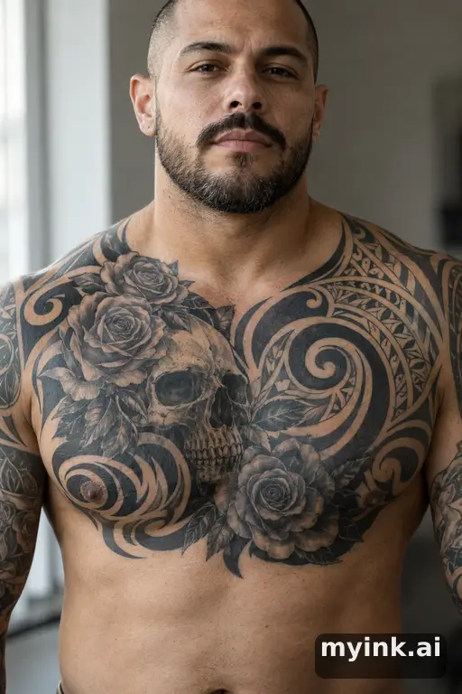 Skull wrapped in roses — Tribal Chest Tattoo reference image