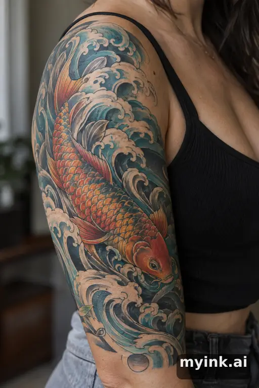 Koi fish in waves — Neo-Traditional Half Sleeve Tattoo reference image