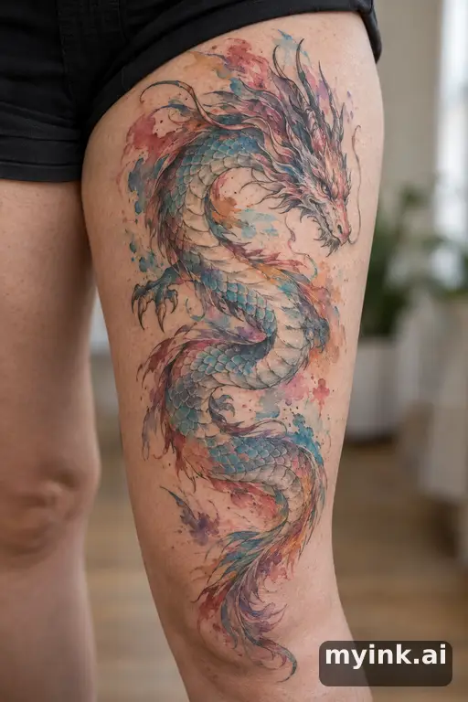 Dragon β Watercolor Thigh Tattoo reference image