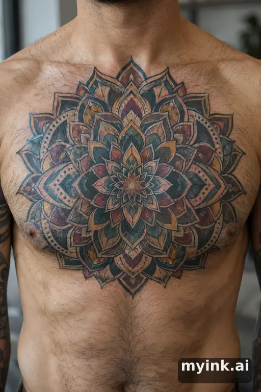 Sacred geometry mandala — Neo-Traditional Chest Tattoo reference image