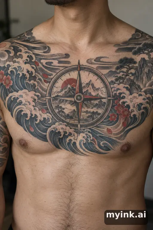 Compass with mountains inside β Japanese Compass Tattoo reference image
