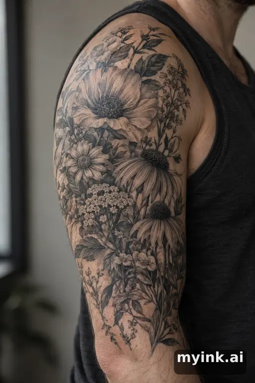 Botanical bouquet of wildflowers — Realistic Half Sleeve Tattoo reference image