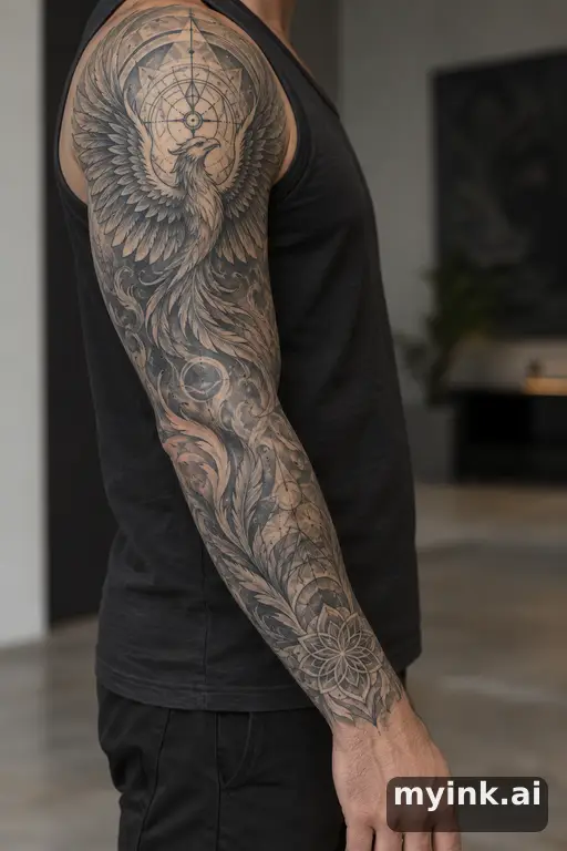 Phoenix rising — Geometric Sleeve Tattoo reference image