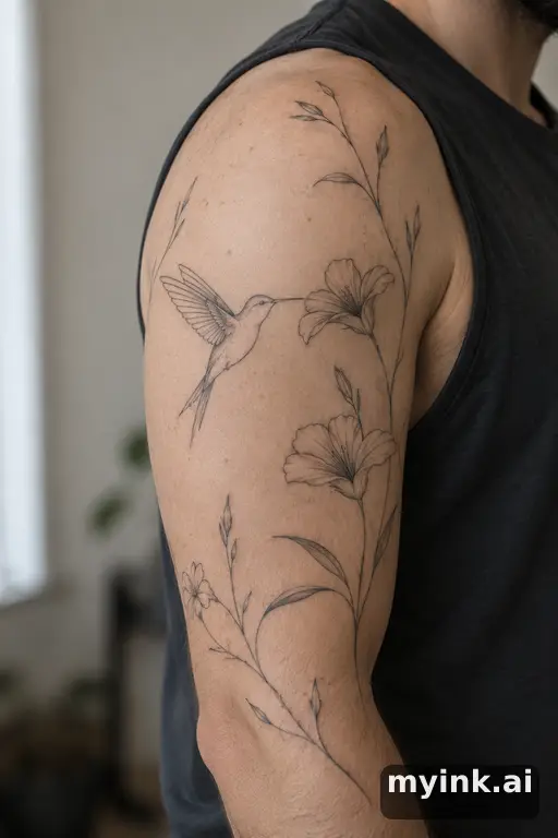 Hummingbird with flowers β Minimalist Half Sleeve Tattoo reference image