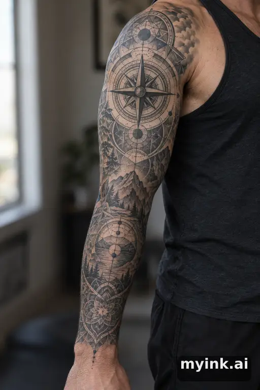 Compass rose β Geometric Sleeve Tattoo reference image