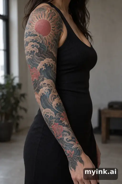 Sun with ornamental rays — Japanese Sleeve Tattoo reference image