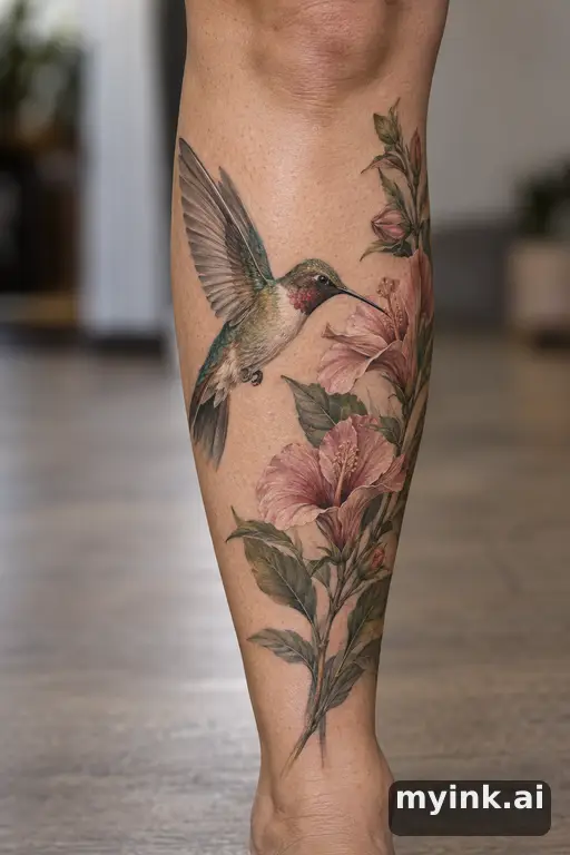 Hummingbird with flowers β Realistic Leg Tattoo reference image
