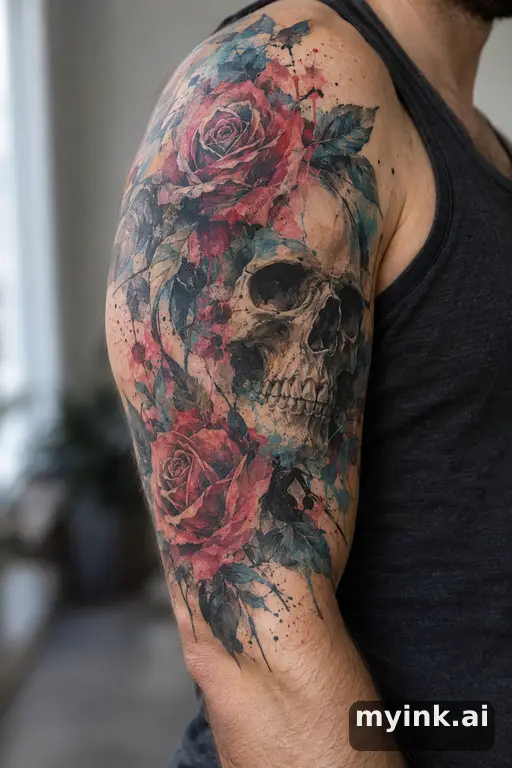 Skull with roses β Watercolor Half Sleeve Tattoo reference image