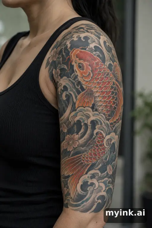 Koi fish in waves β Japanese Half Sleeve Tattoo reference image