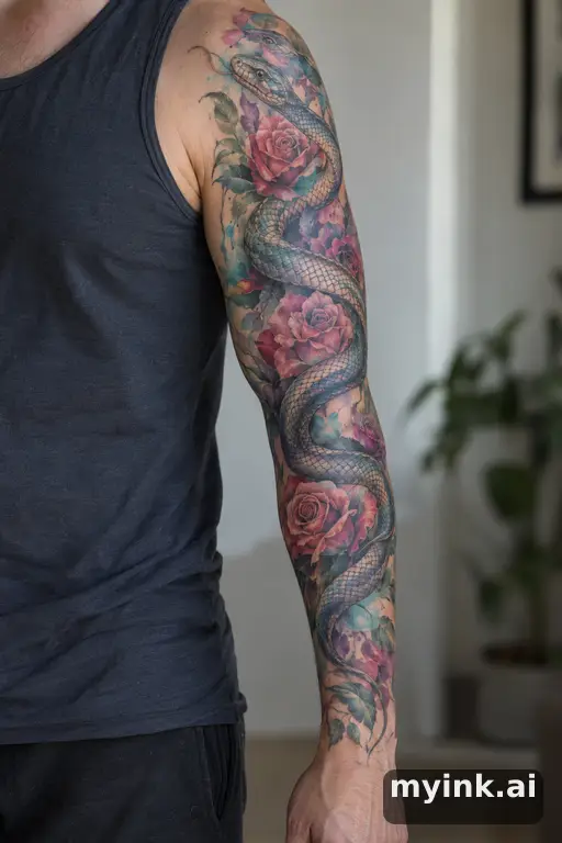 Snake winding through roses — Watercolor Sleeve Tattoo reference image