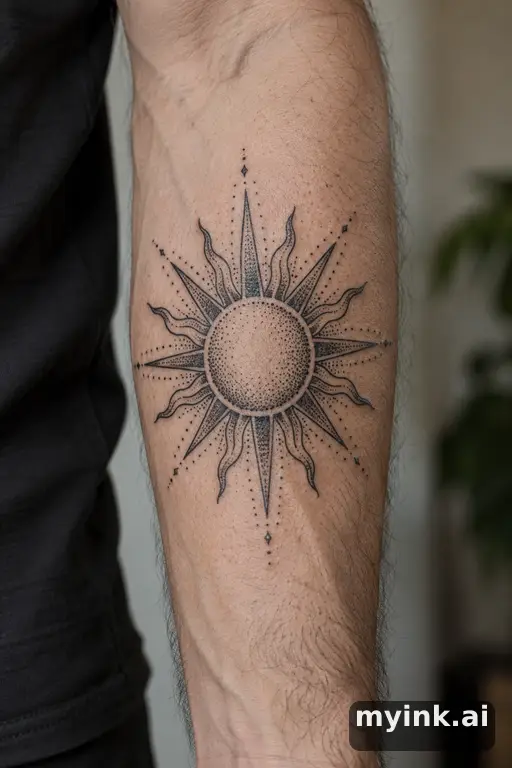 Sun with ornamental rays — Dotwork Sun Tattoo reference image