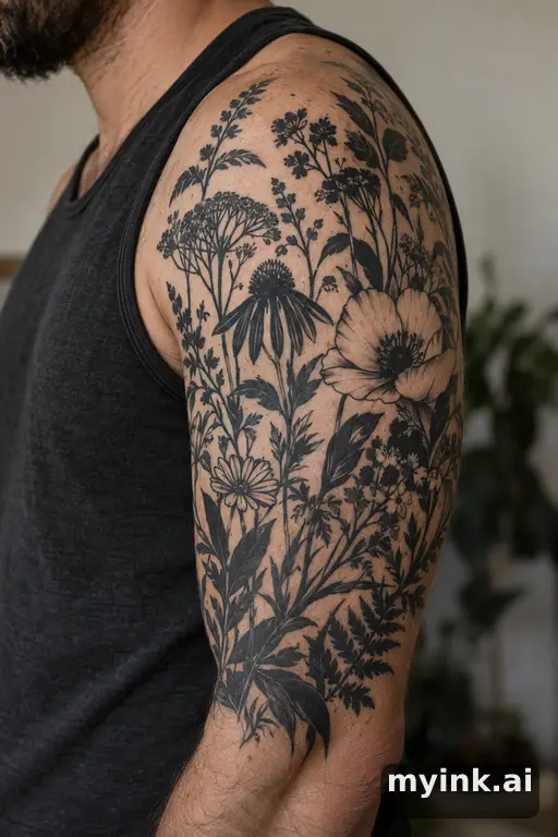 Botanical bouquet of wildflowers β Blackwork Half Sleeve Tattoo reference image