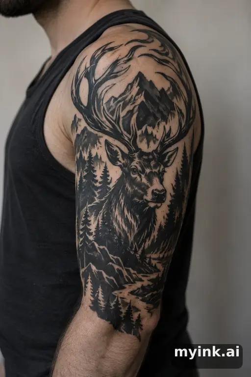 Stag head with large antlers β Blackwork Half Sleeve Tattoo reference image
