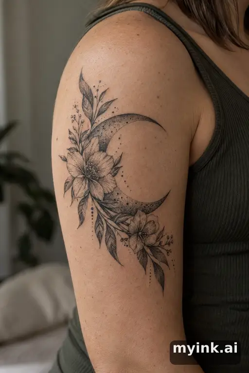 Crescent moon with flowers — Dotwork Moon Tattoo reference image