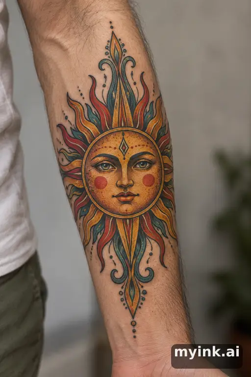 Sun with ornamental rays — Neo-Traditional Sun Tattoo reference image