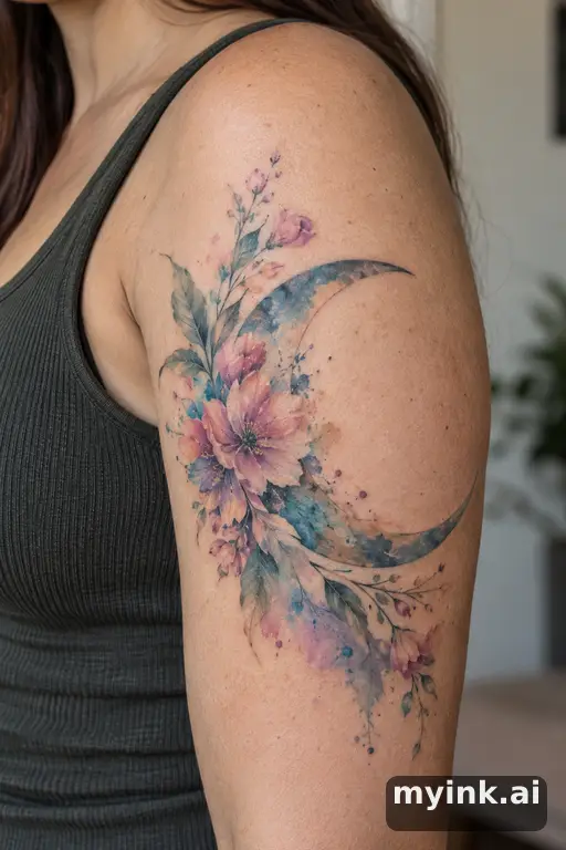 Crescent moon with flowers — Watercolor Moon Tattoo reference image