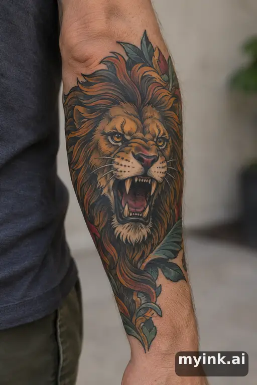 Roaring lion head — Neo-Traditional Forearm Tattoo reference image