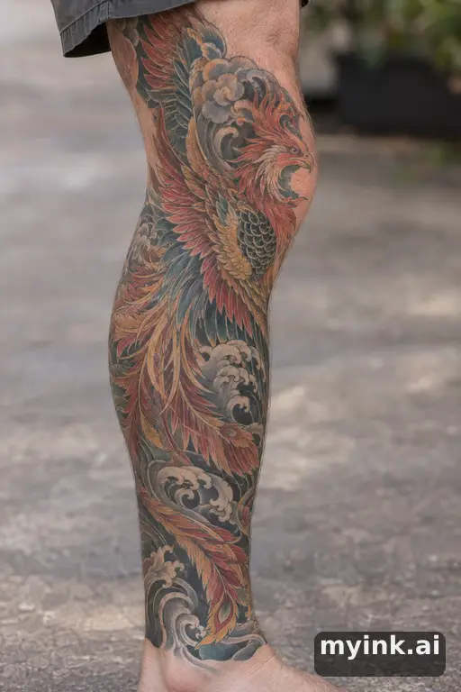 Phoenix rising β Japanese Leg Tattoo reference image