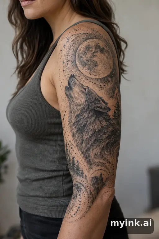Wolf howling at the moon — Dotwork Half Sleeve Tattoo reference image