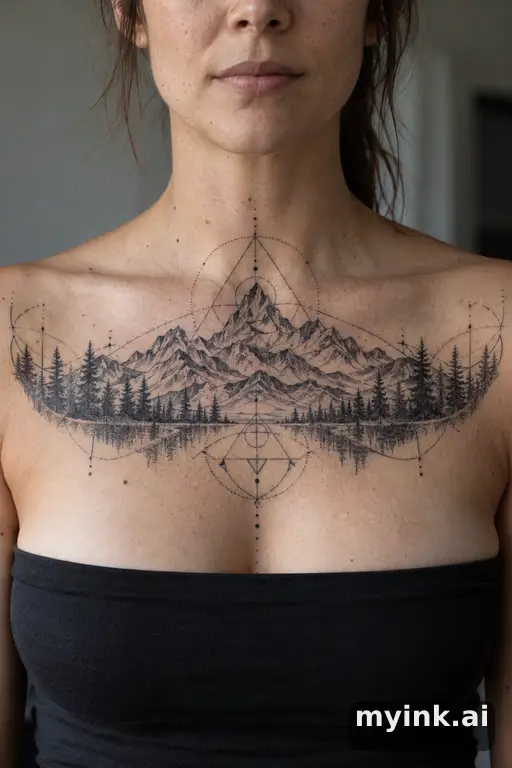 Mountain range with a pine forest — Geometric Chest Tattoo reference image