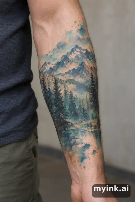 Mountain range with a pine forest — Watercolor Forearm Tattoo reference image
