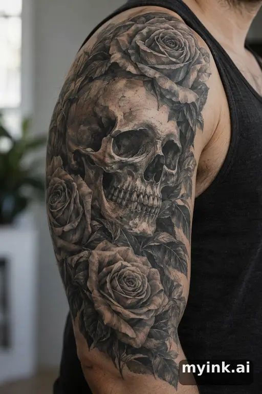 Skull with roses β Realistic Half Sleeve Tattoo reference image
