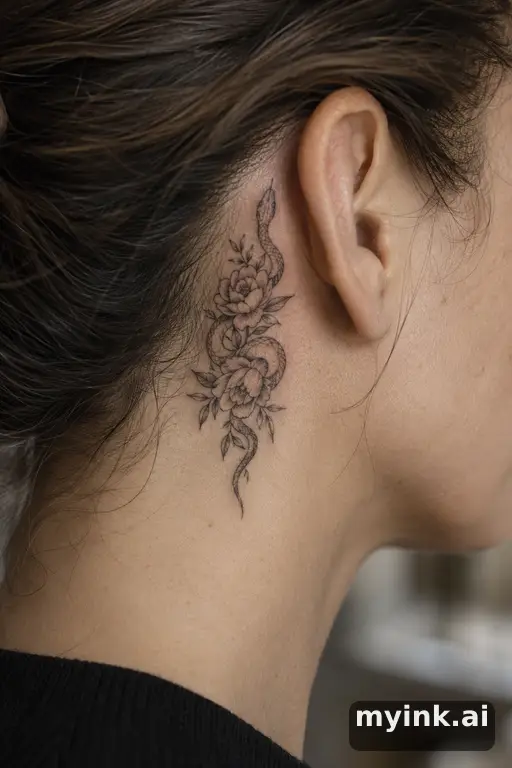 Snake winding through roses — Fine Line Tattoo reference image