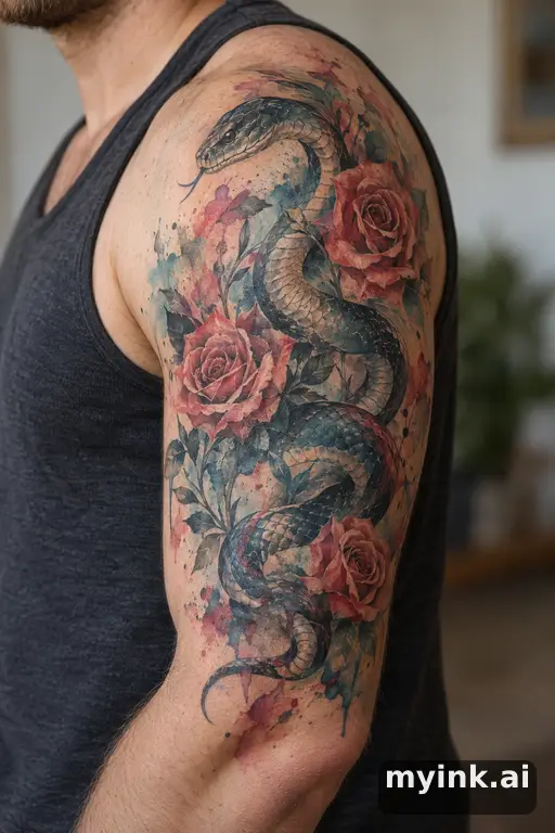 Snake winding through roses β Watercolor Masculine Tattoo reference image
