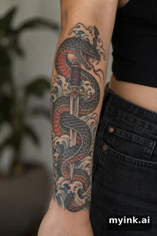 Snake wrapped around a dagger — Japanese Forearm Tattoo reference image