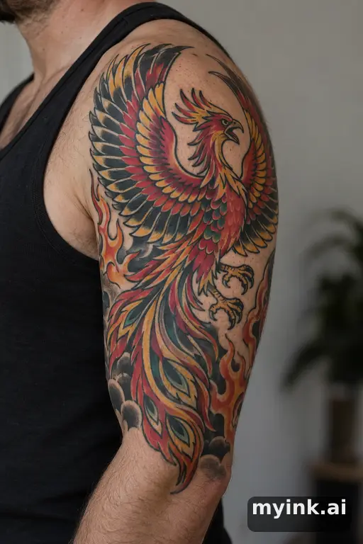 Phoenix rising from flames β Traditional Half Sleeve Tattoo reference image