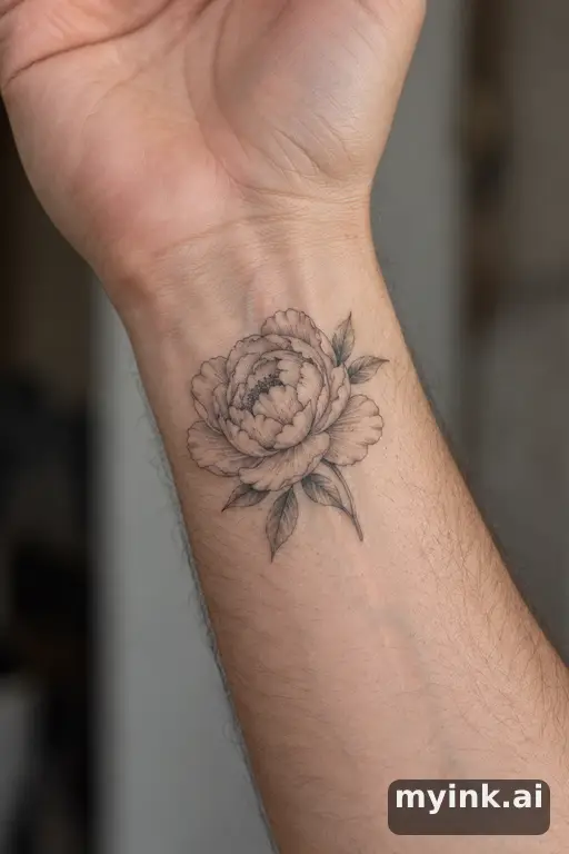 Blooming peony — Fine Line Tattoo reference image
