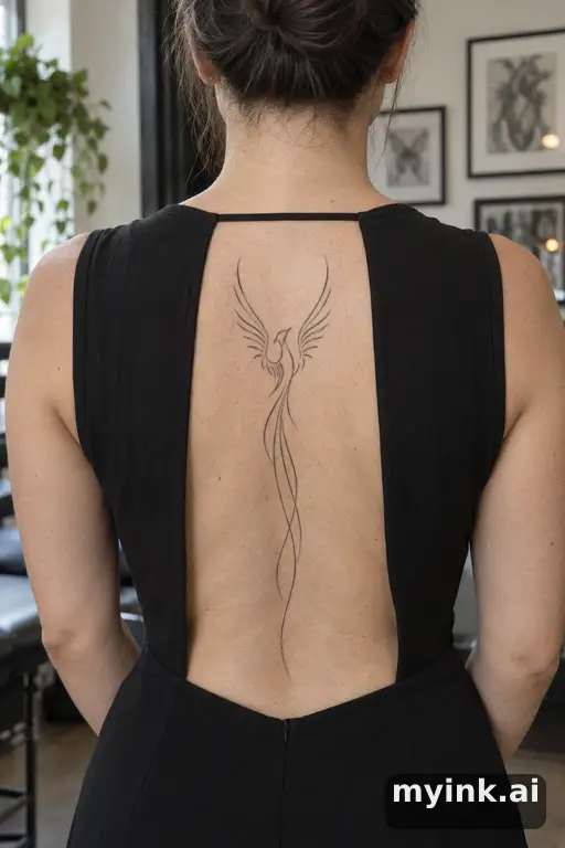 Phoenix rising — Minimalist Spine Tattoo reference image