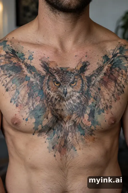 Great horned owl β Watercolor Chest Tattoo reference image