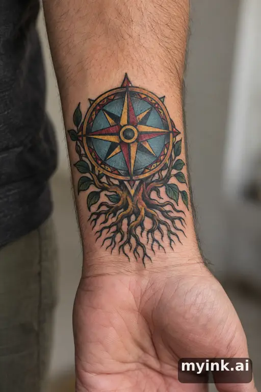 Compass with intertwined roots — Traditional Family Tattoo reference image