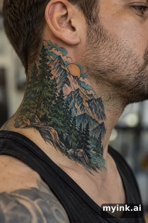 Mountain range with a pine forest — Neo-Traditional Neck Tattoo reference image