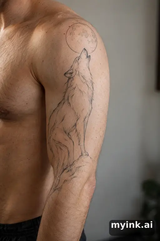 Wolf howling at the moon β Minimalist Half Sleeve Tattoo reference image
