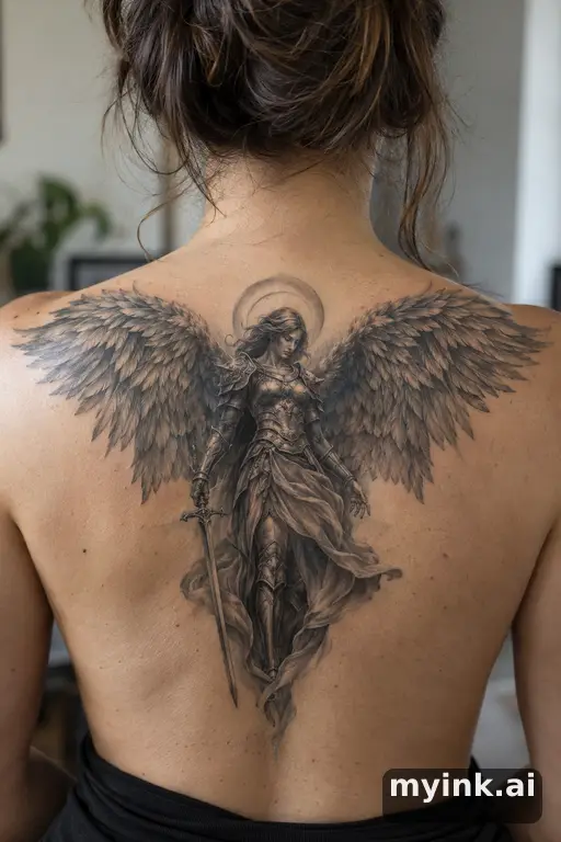 Warrior angel with spread wings β Realistic Back Tattoo reference image
