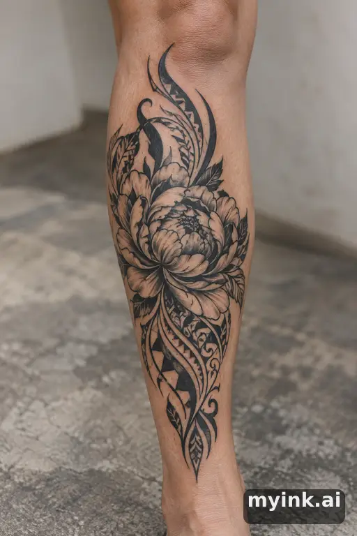 Blooming peony β Tribal Leg Tattoo reference image