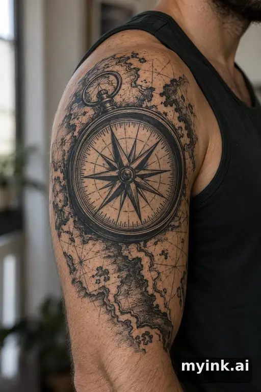 Vintage compass over a map β Blackwork Compass Tattoo reference image