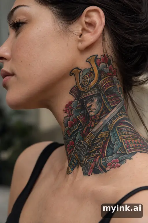 Samurai warrior with a katana — Neo-Traditional Neck Tattoo reference image