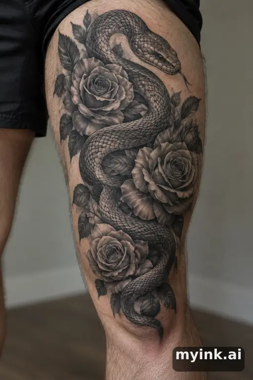 Snake winding through roses β Realistic Thigh Tattoo reference image
