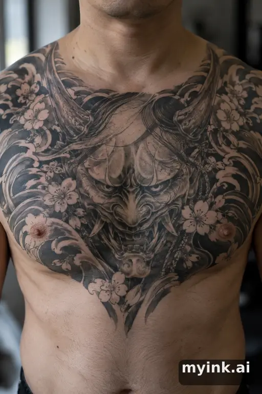 Hannya mask with cherry blossoms β Tribal Chest Tattoo reference image