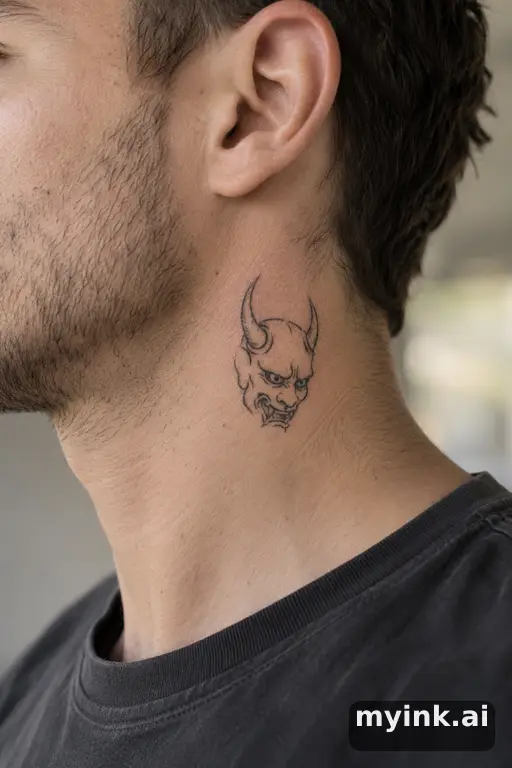 Oni demon mask — Minimalist Neck Tattoo reference image