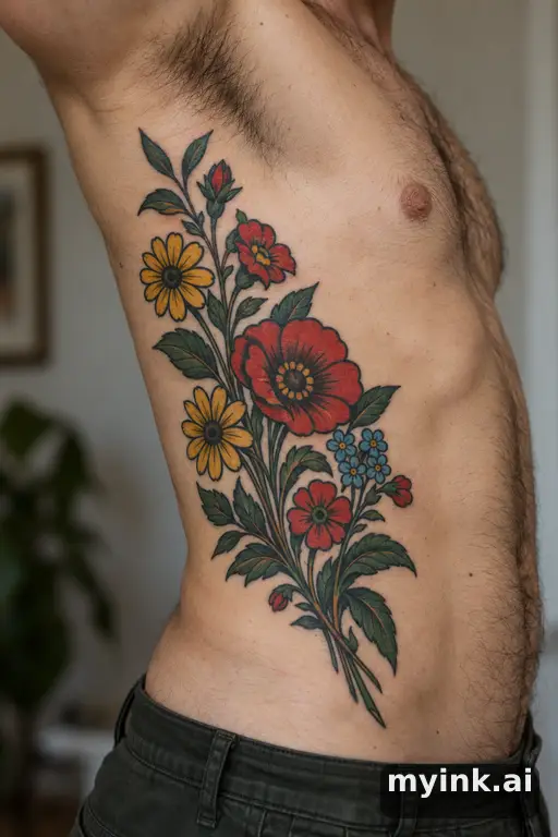 Botanical bouquet of wildflowers — Traditional Rib Tattoo reference image