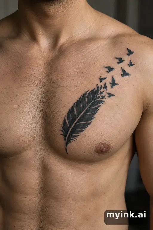 Feather releasing small birds — Blackwork Memorial Tattoo reference image