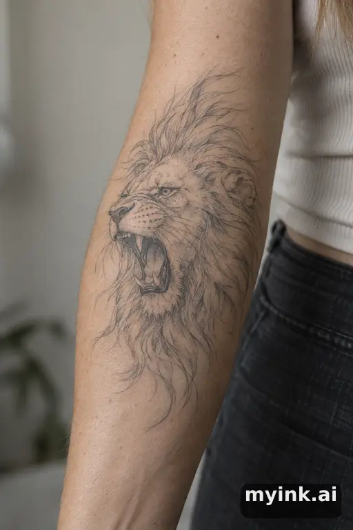 Roaring lion head — Fine Line Tattoo reference image