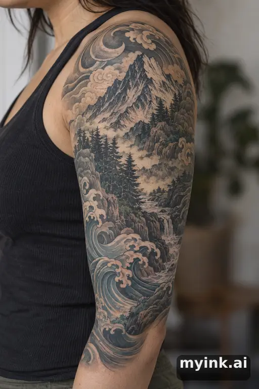 Mountain range with a pine forest — Japanese Half Sleeve Tattoo reference image