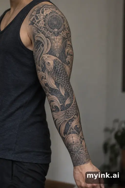 Koi fish in waves — Geometric Sleeve Tattoo reference image