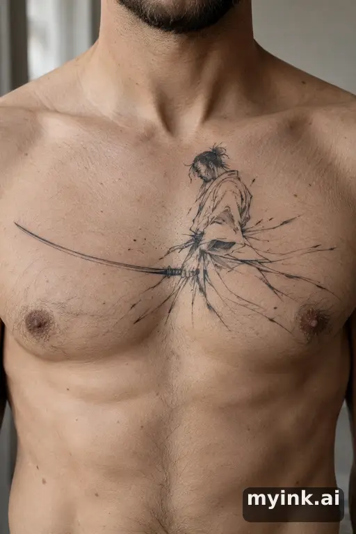 Samurai warrior with a katana — Minimalist Chest Tattoo reference image