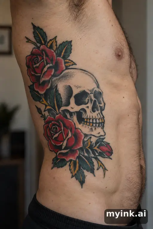 Skull with roses — Traditional Rib Tattoo reference image